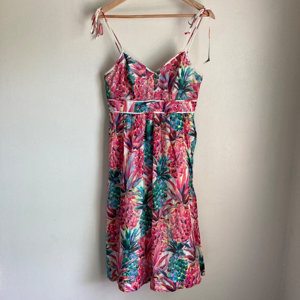 J.Crew Pink Tropical Pineapple Print Cotton Tie Strap Midi Dress Size 2 Pockets